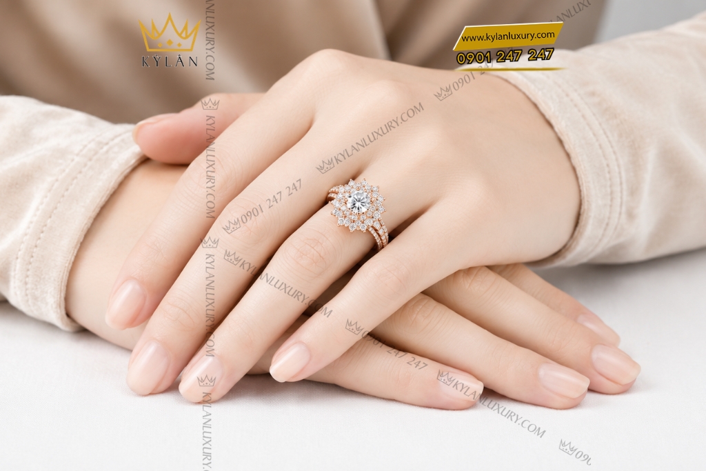 Kỳ Lân Luxury Nhan nu vang hong Au750 dinh kim cuong 8 Nhẫn nữ vàng hồng Au750 đính kim cương