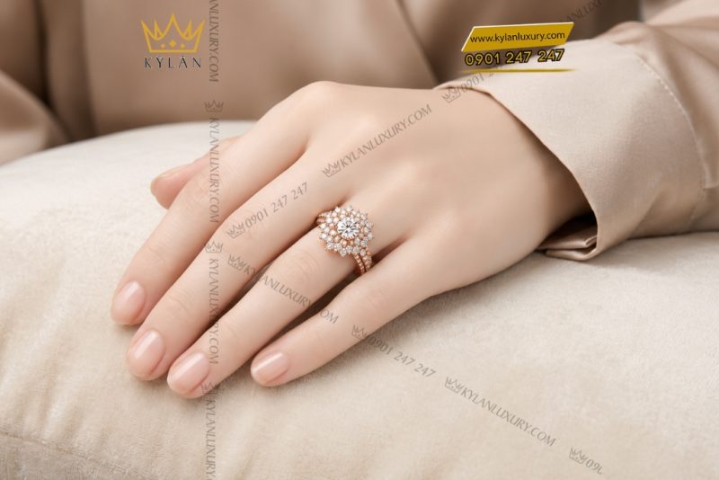 Nhẫn nữ vàng hồng Au750 đính kim cương
