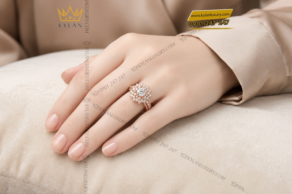 Nhẫn nữ vàng hồng Au750 đính kim cương
