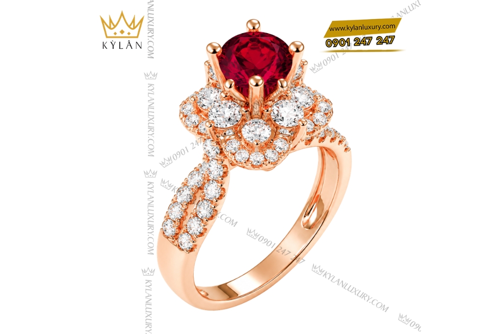 Kỳ Lân Luxury Nhan nu vang hong Au750 dinh sapphire do 2 Nhẫn nữ vàng hồng Au750 đính sapphire đỏ