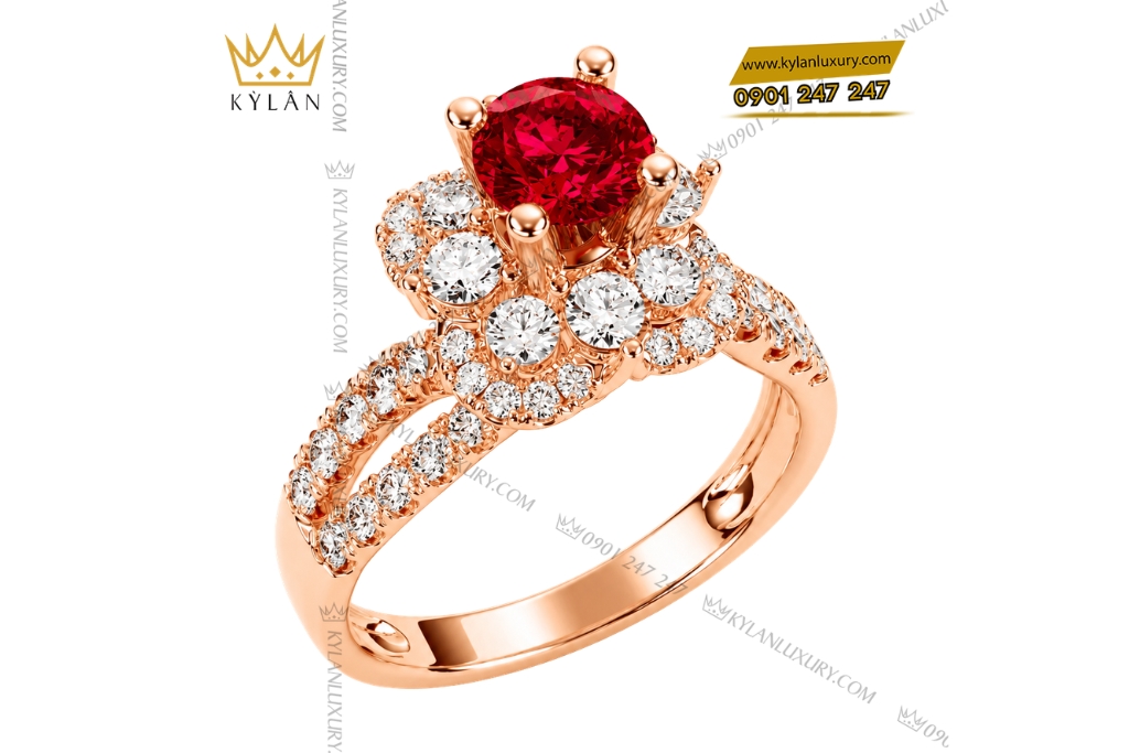Nhẫn nữ vàng hồng Au750 đính sapphire đỏ