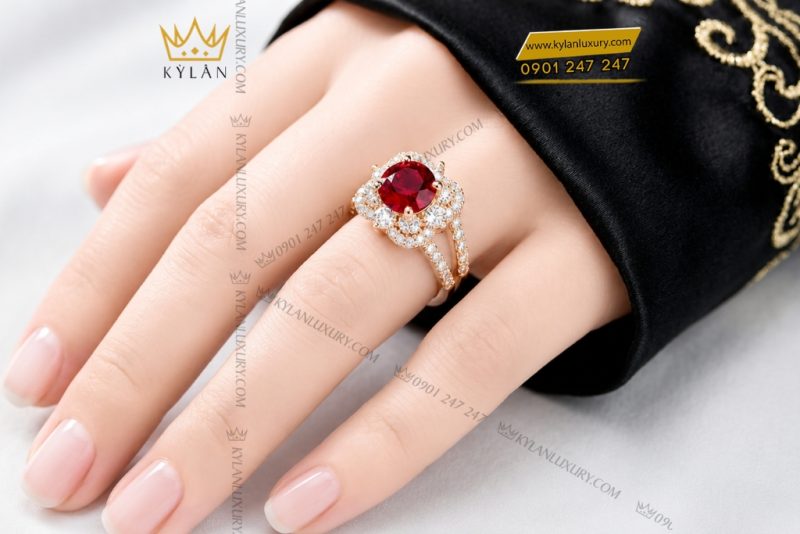 Nhẫn nữ vàng hồng Au750 đính sapphire đỏ