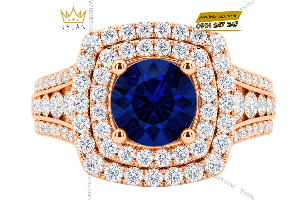 Nhẫn nữ vàng hồng Au750 đính sapphire xanh