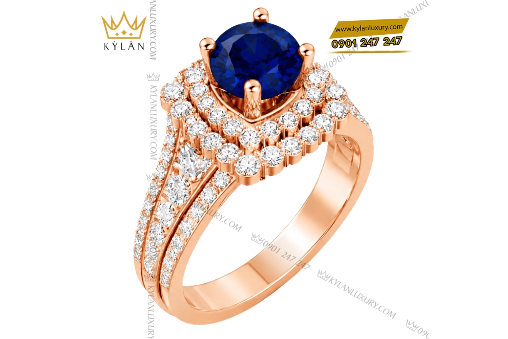 Nhẫn nữ vàng hồng Au750 đính sapphire xanh