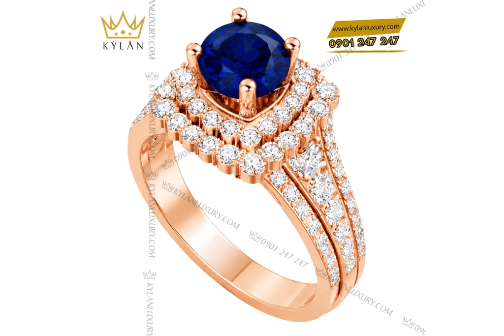 Kỳ Lân Luxury Nhan nu vang hong Au750 dinh sapphire xanh 5 Nhẫn nữ vàng hồng Au750 đính sapphire xanh