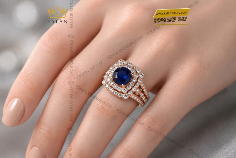 Nhẫn nữ vàng hồng Au750 đính sapphire xanh