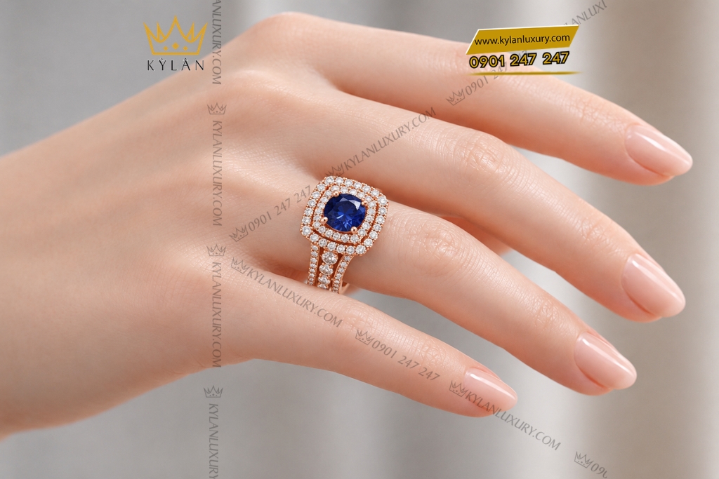 Kỳ Lân Luxury Nhan nu vang hong Au750 dinh sapphire xanh 8 Nhẫn nữ vàng hồng Au750 đính sapphire xanh