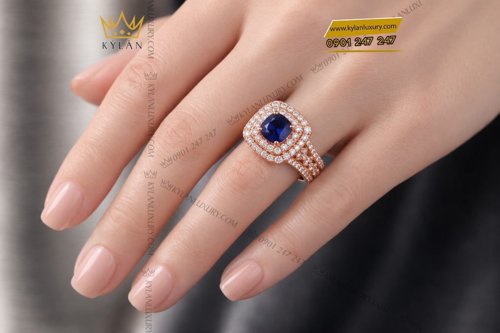Nhẫn nữ vàng hồng Au750 đính sapphire xanh