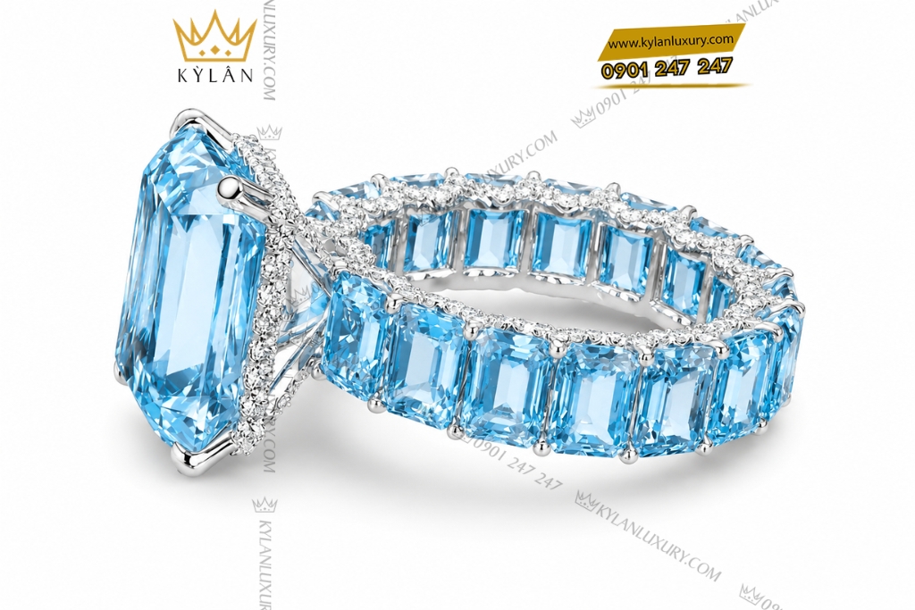 Nhẫn nữ vàng trắng Au750 đính đá Topaz