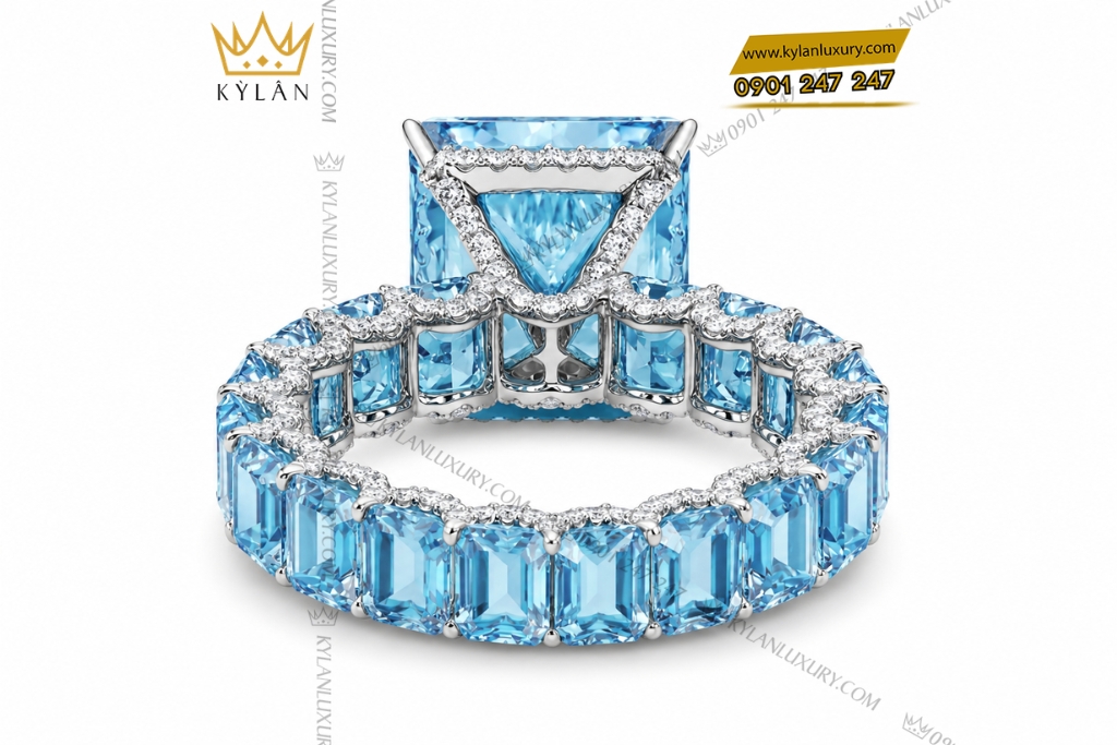 Nhẫn nữ vàng trắng Au750 đính đá Topaz