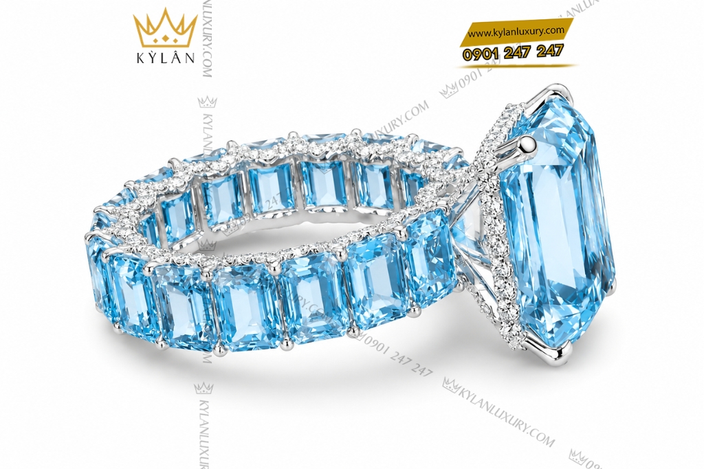 Kỳ Lân Luxury Nhan nu vang trang Au750 dinh da Topaz 4 Nhẫn nữ vàng trắng Au750 đính đá Topaz