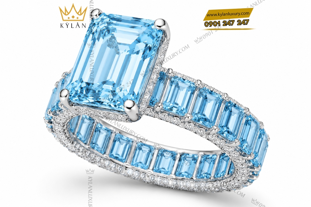 Nhẫn nữ vàng trắng Au750 đính đá Topaz
