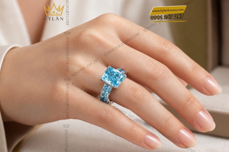 Nhẫn nữ vàng trắng Au750 đính đá Topaz