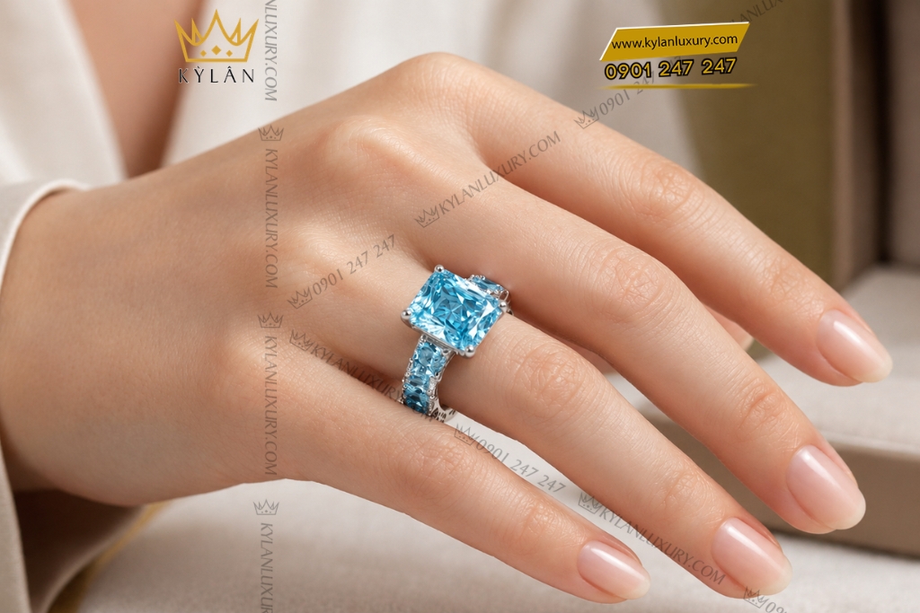 Nhẫn nữ vàng trắng Au750 đính đá Topaz