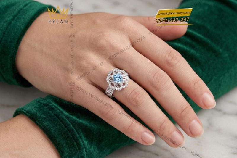Nhẫn nữ vàng trắng Au750 đính đá Topaz