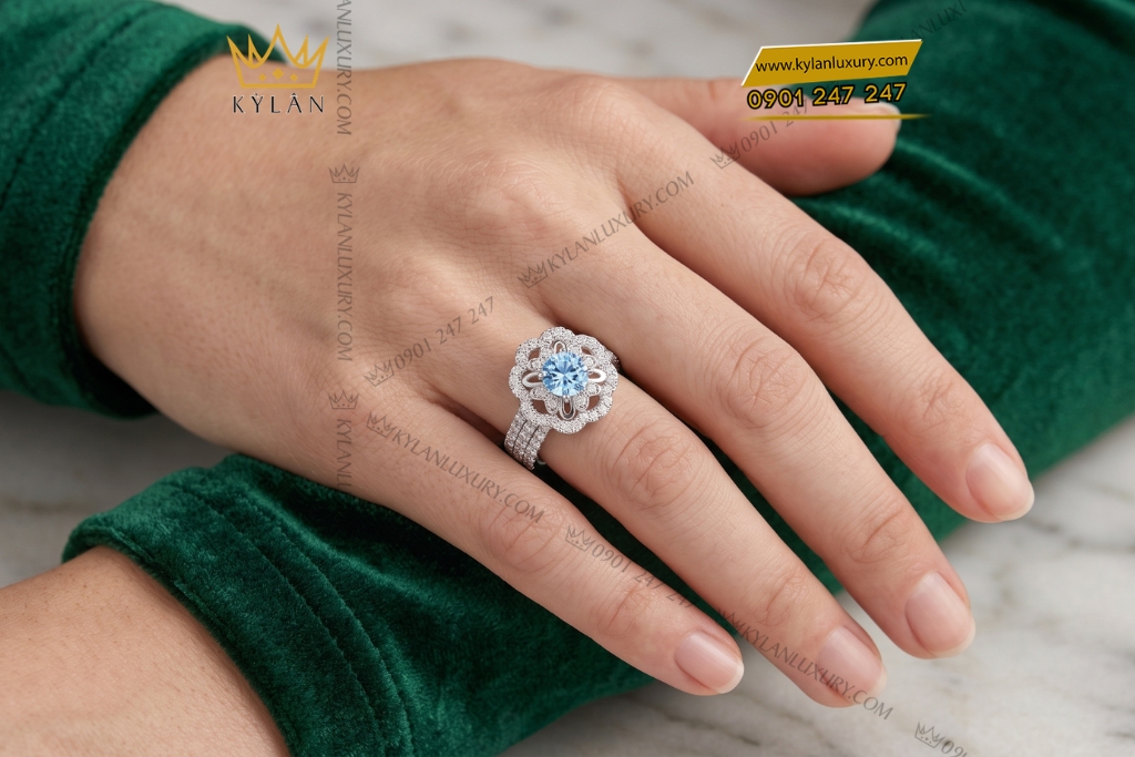 Nhẫn nữ vàng trắng Au750 đính đá Topaz