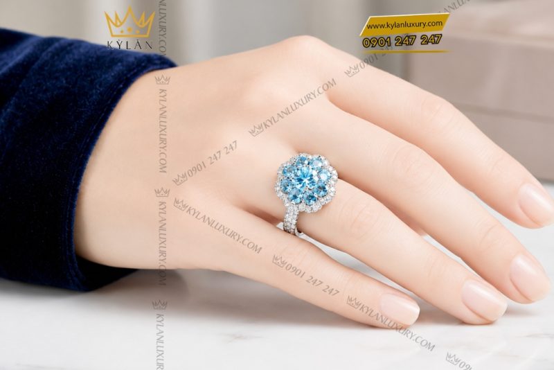 Nhẫn nữ vàng trắng Au750 đính đá Topaz