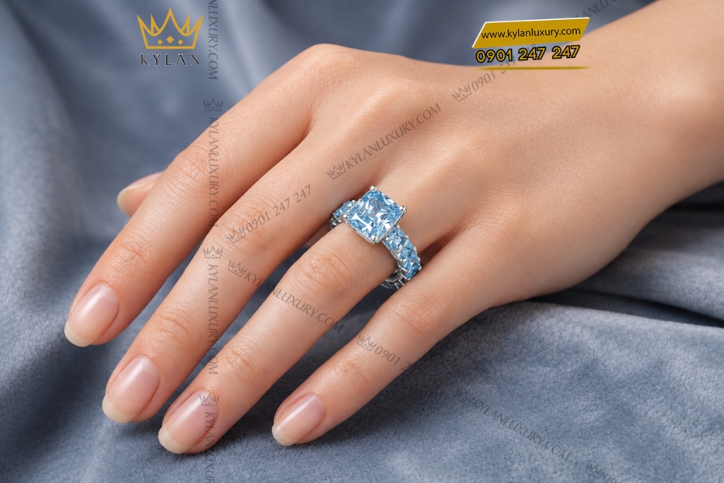 Kỳ Lân Luxury Nhan nu vang trang Au750 dinh da Topaz Nhẫn nữ vàng trắng Au750 đính đá Topaz