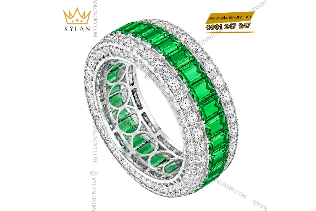 Nhẫn nữ vàng trắng Au750 đính đá ngọc lục bảo