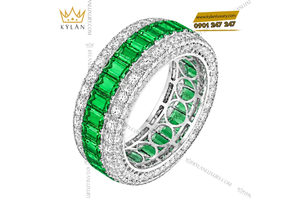 Kỳ Lân Luxury Nhan nu vang trang Au750 dinh da ngoc luc bao 5 Nhẫn nữ vàng trắng Au750 đính đá ngọc lục bảo