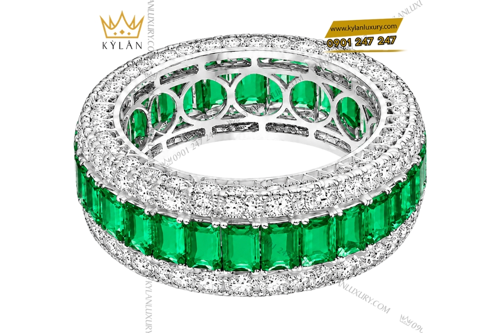 Nhẫn nữ vàng trắng Au750 đính đá ngọc lục bảo