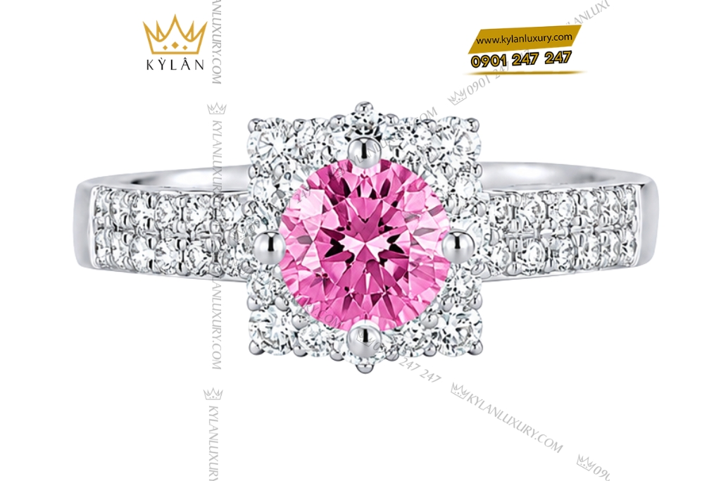 Nhẫn nữ vàng trắng Au750 đính kim cương và sapphire hồng