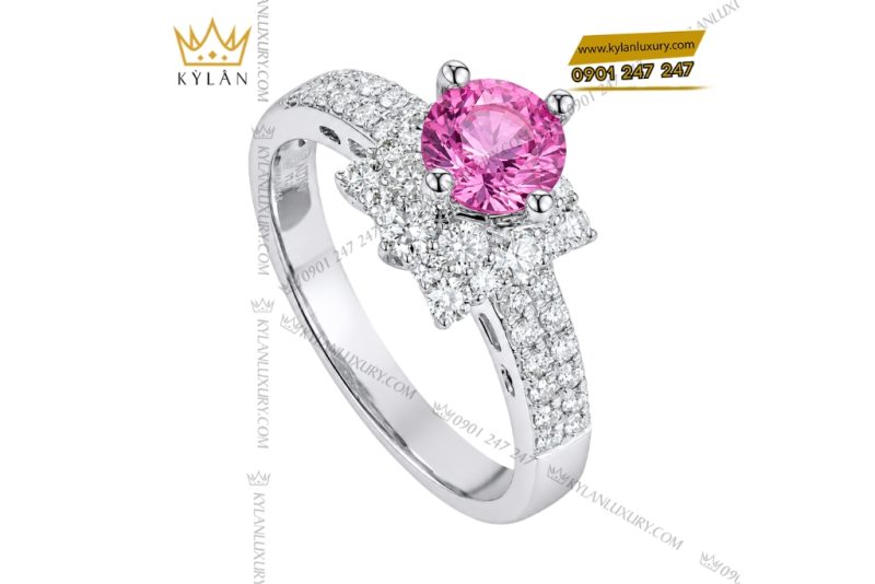 Nhẫn nữ vàng trắng Au750 đính kim cương và sapphire hồng
