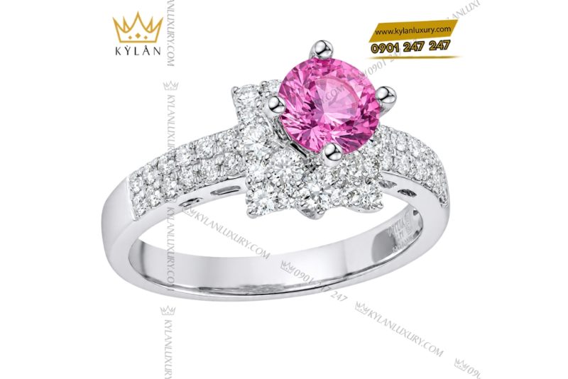 Nhẫn nữ vàng trắng Au750 đính kim cương và sapphire hồng