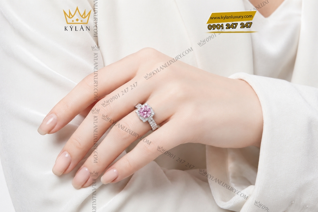 Kỳ Lân Luxury Nhan nu vang trang Au750 dinh kim cuong va sapphire hong 8 Nhẫn nữ vàng trắng Au750 đính kim cương và sapphire hồng