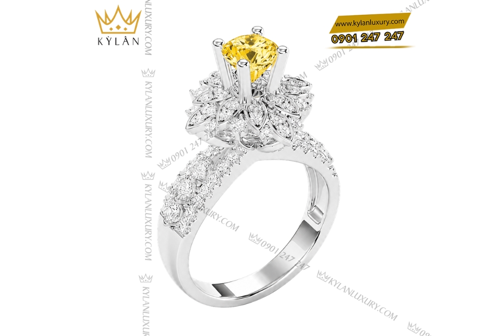 Nhẫn nữ vàng trắng Au750 đính kim cương và sapphire vàng