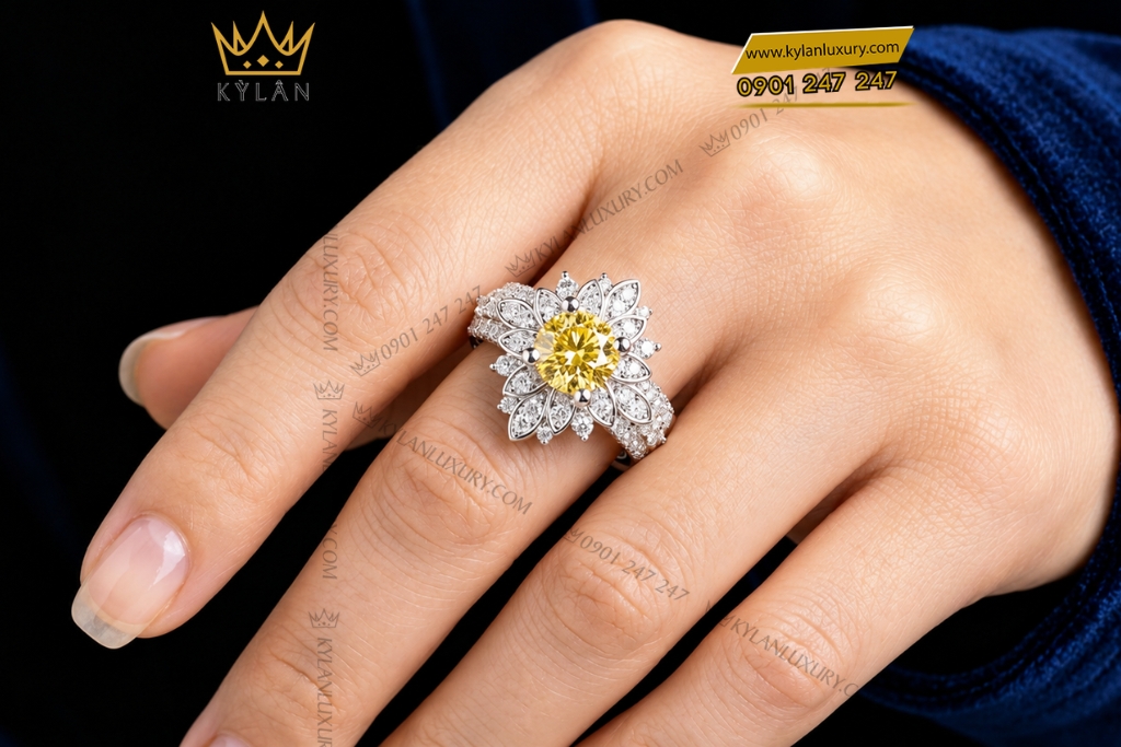 Nhẫn nữ vàng trắng Au750 đính kim cương và sapphire vàng