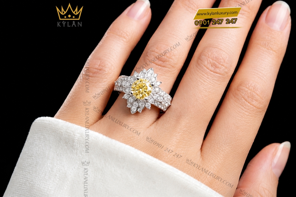 Nhẫn nữ vàng trắng Au750 đính kim cương và sapphire vàng