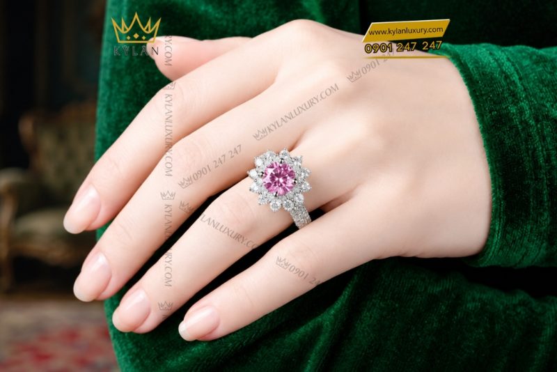 Nhẫn nữ vàng trắng Au750 đính sapphire hồng