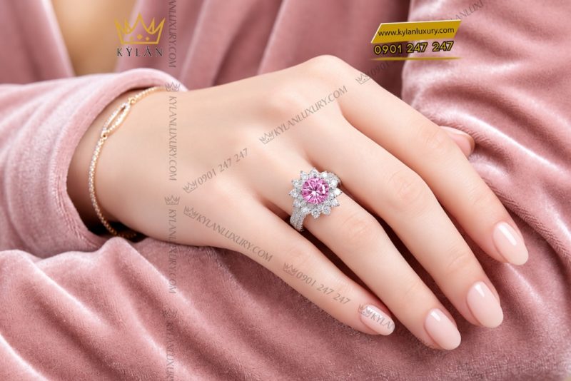 Nhẫn nữ vàng trắng Au750 đính sapphire hồng