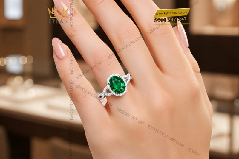 Nhẫn nữ vàng trắng Au750 đính sapphire xanh lá