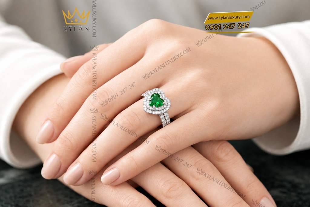Kỳ Lân Luxury Nhan nu vang trang Au750 dinh sapphire xanh la 10 Nhẫn nữ vàng trắng Au750 đính sapphire xanh lá