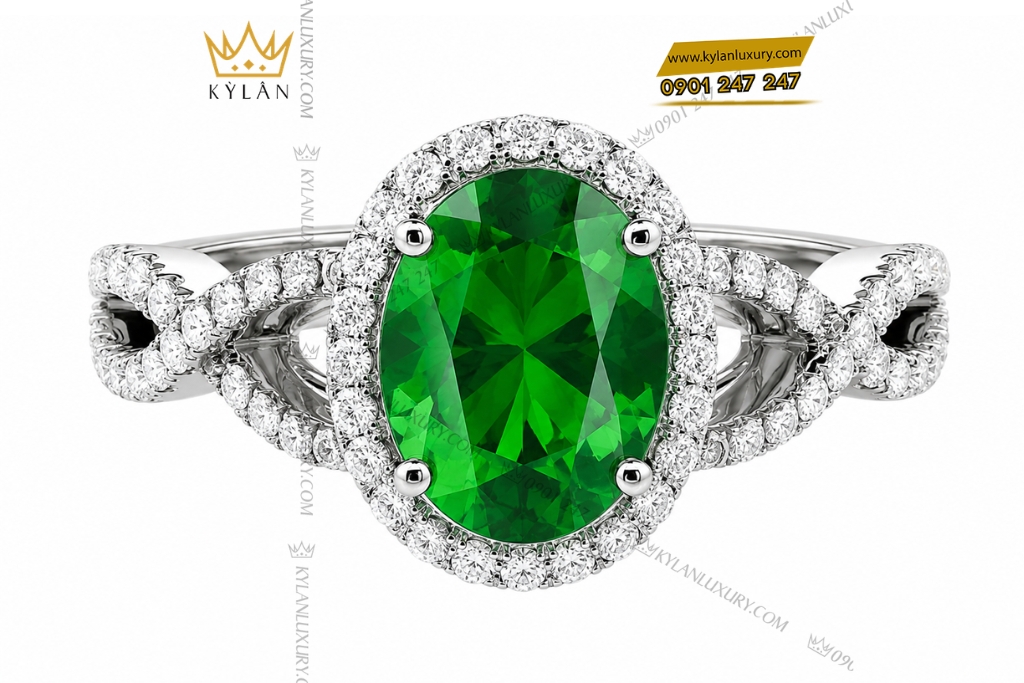 Nhẫn nữ vàng trắng Au750 đính sapphire xanh lá 3 Nhẫn nữ vàng trắng Au750 đính sapphire xanh lá