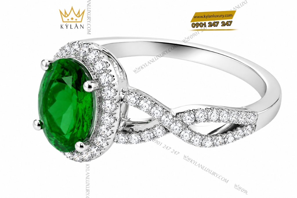 Nhẫn nữ vàng trắng Au750 đính sapphire xanh lá 9 Kỳ Lân Luxury Nhan nu vang trang Au750 dinh sapphire xanh la 4 1 Nhẫn nữ vàng trắng Au750 đính sapphire xanh lá
