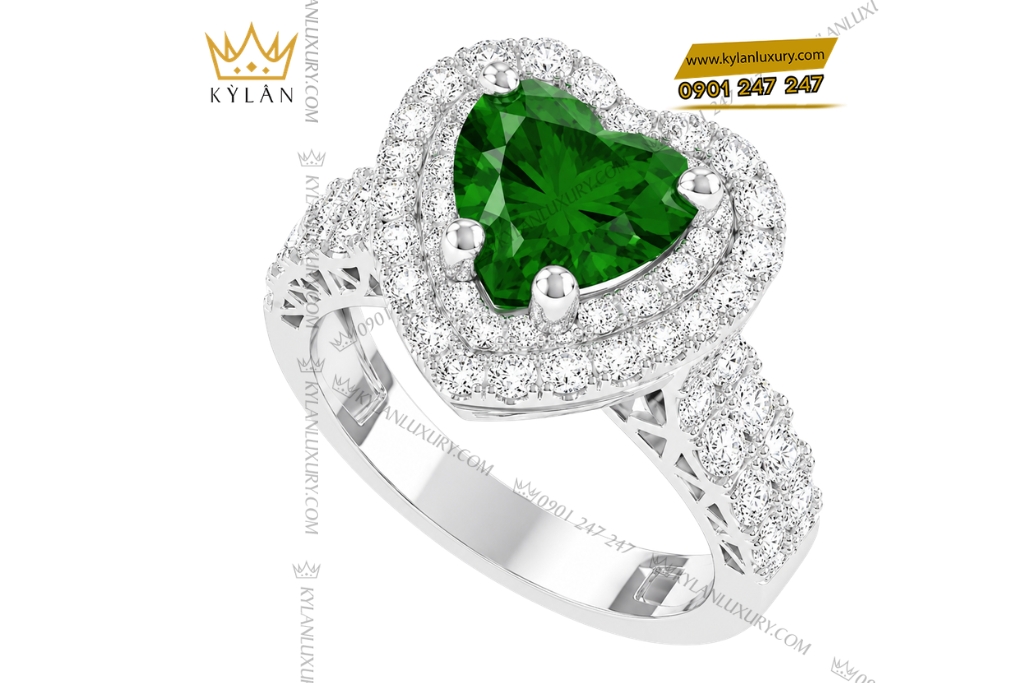 Kỳ Lân Luxury Nhan nu vang trang Au750 dinh sapphire xanh la 5 Nhẫn nữ vàng trắng Au750 đính sapphire xanh lá