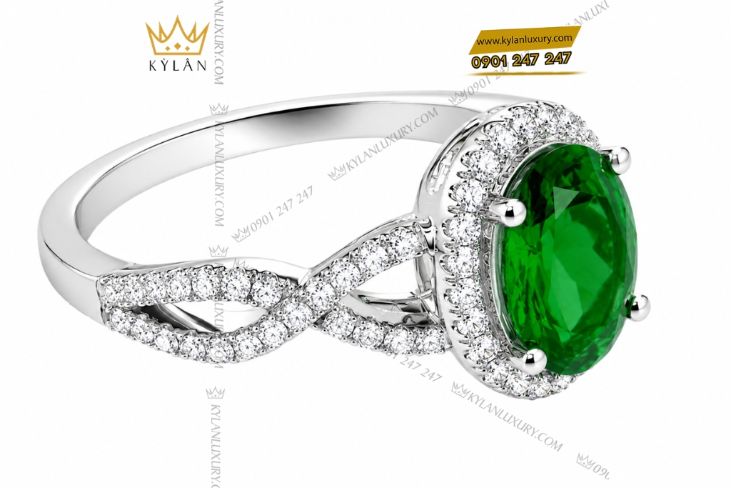 Nhẫn nữ vàng trắng Au750 đính sapphire xanh lá 11 Kỳ Lân Luxury Nhan nu vang trang Au750 dinh sapphire xanh la 6 1 Nhẫn nữ vàng trắng Au750 đính sapphire xanh lá