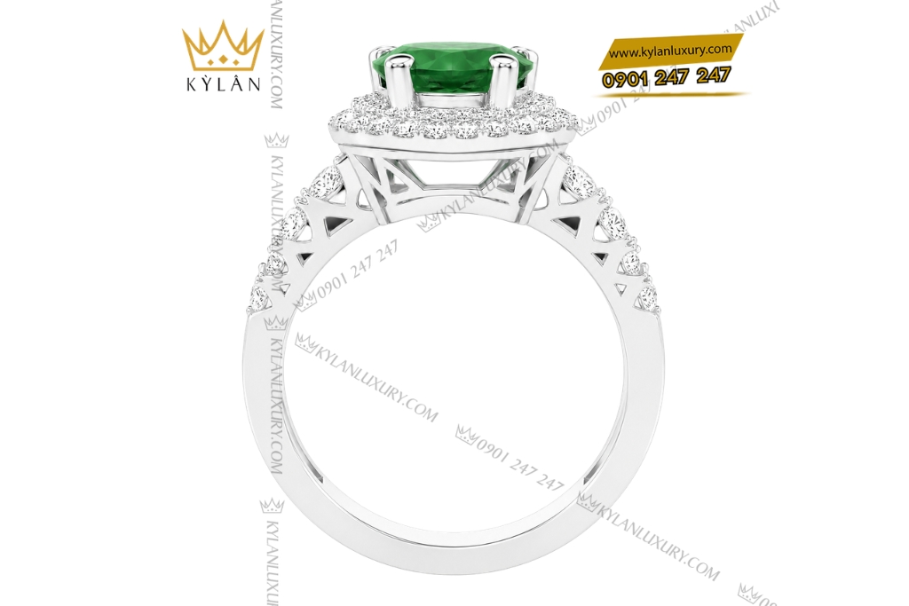 Nhẫn nữ vàng trắng Au750 đính sapphire xanh lá