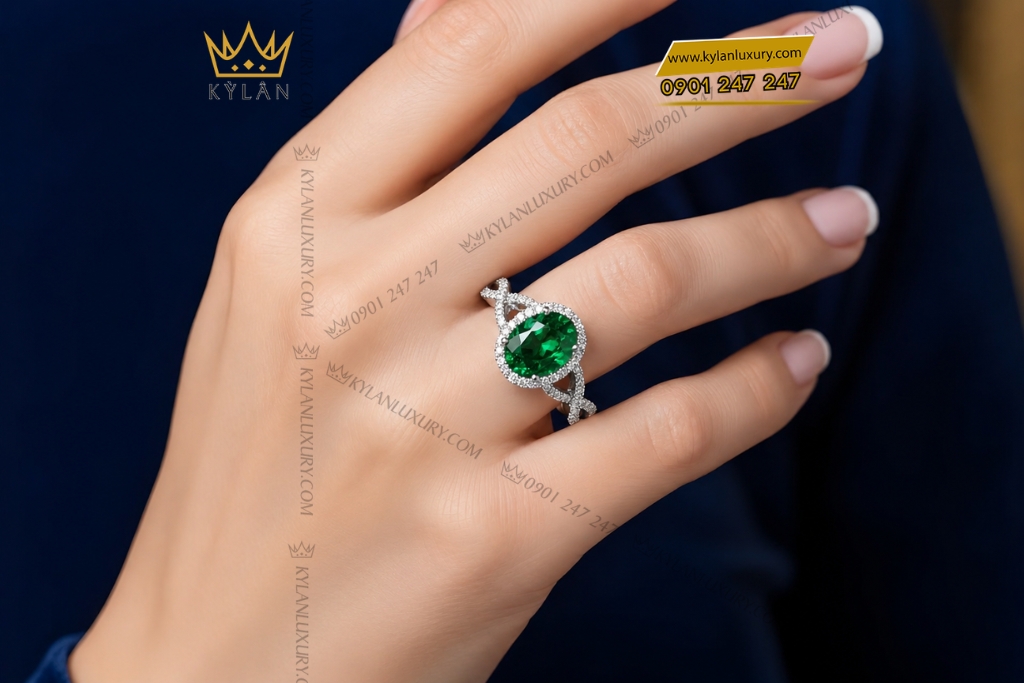Nhẫn nữ vàng trắng Au750 đính sapphire xanh lá 5 Nhẫn nữ vàng trắng Au750 đính sapphire xanh lá