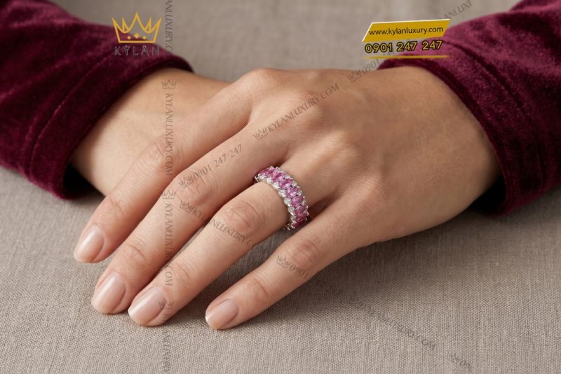 Nhẫn nữ vàng trắng Au750 đính sapphire hồng