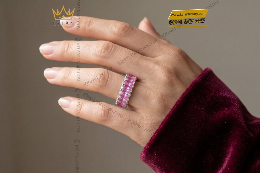 Nhẫn nữ vàng trắng Au750 đính sapphire hồng