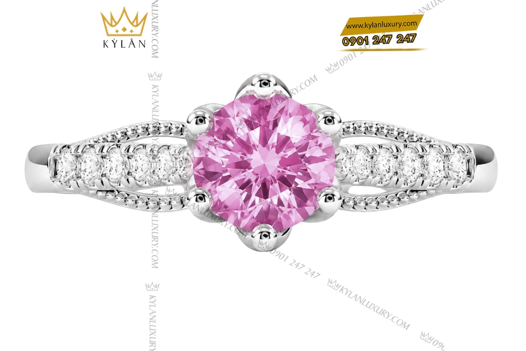 Nhẫn nữ vàng trắng Au750 đính kim cương và sapphire hồng