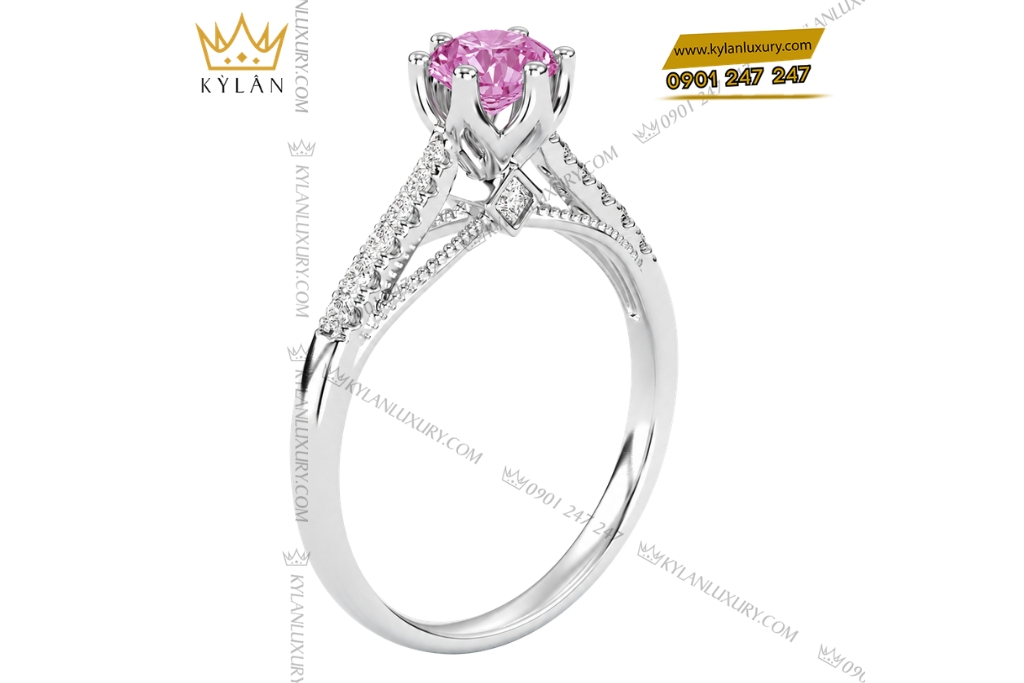 Nhẫn nữ vàng trắng Au750 đính kim cương và sapphire hồng