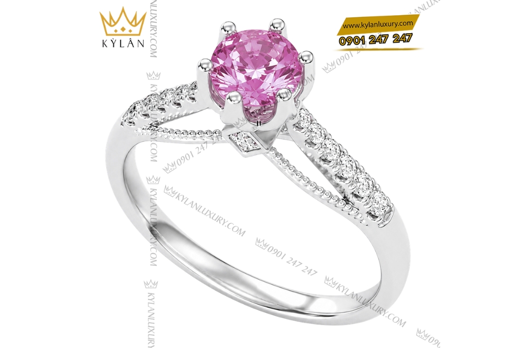 Kỳ Lân Luxury Nhan vang trang Au750 dinh kim cuong va sapphire hong 4 Nhẫn nữ vàng trắng Au750 đính kim cương và sapphire hồng