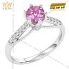 Nhẫn nữ vàng trắng Au750 đính kim cương và sapphire hồng