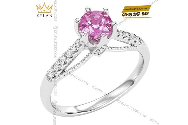 Nhẫn nữ vàng trắng Au750 đính kim cương và sapphire hồng