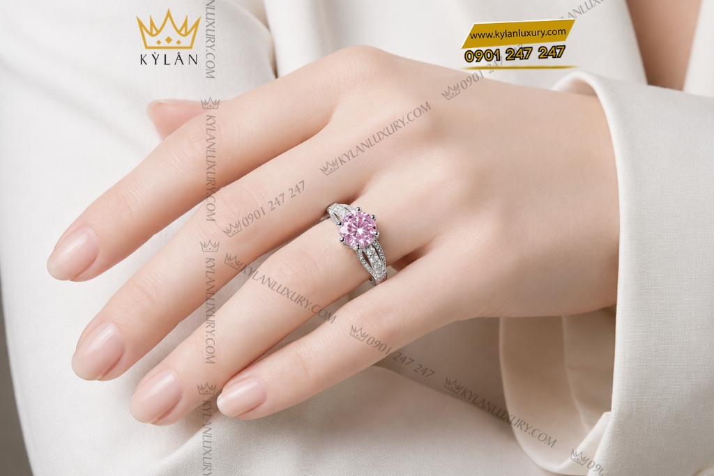 Kỳ Lân Luxury Nhan vang trang Au750 dinh kim cuong va sapphire hong 8 Nhẫn nữ vàng trắng Au750 đính kim cương và sapphire hồng
